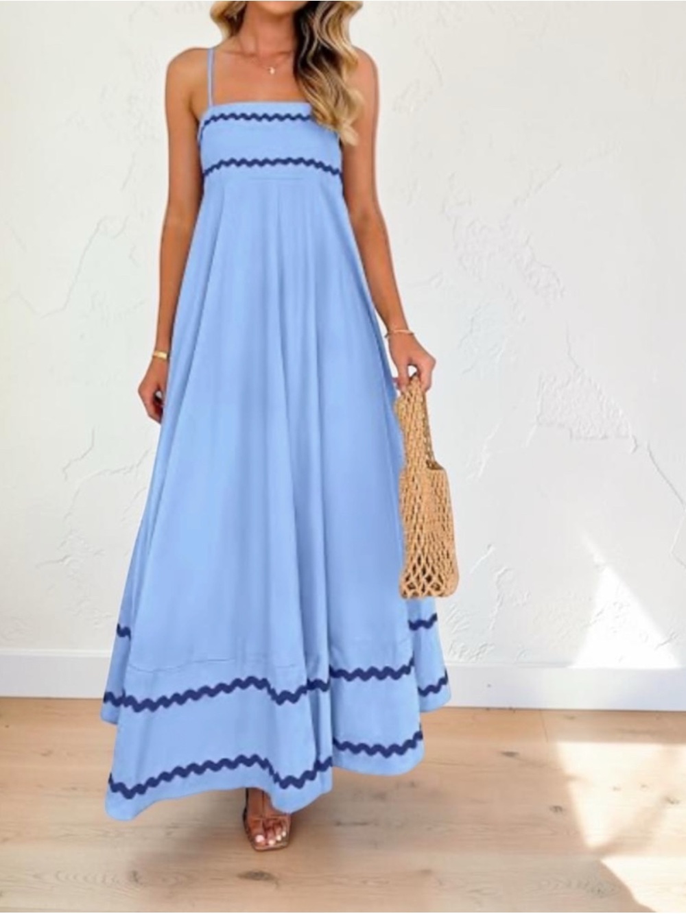 Light Blue Spaghetti Strap Maxi Dress with Navy Trim